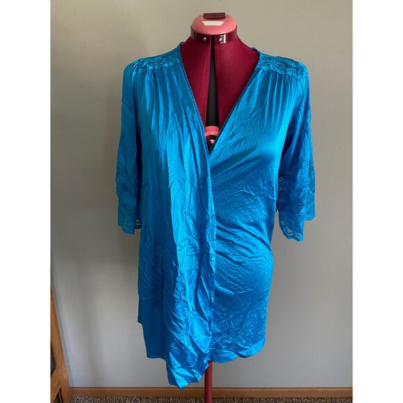 vintage short robe satin blue lace bell sleeves - Picture 1 of 11
